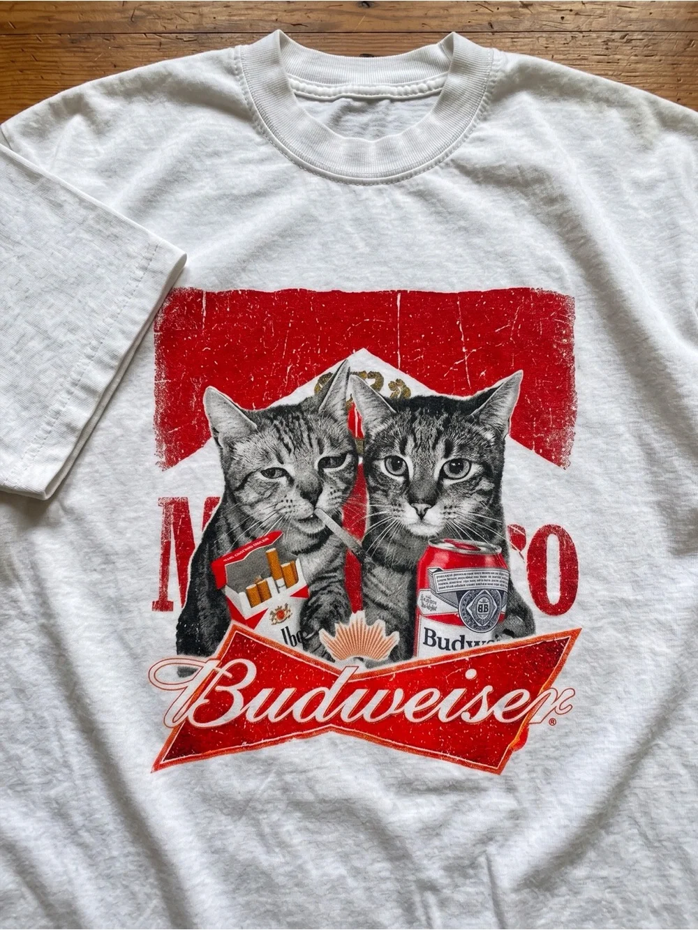 Marlboro & Budweiser Distressed Cats Graphic Tee White Streetwear Grunge